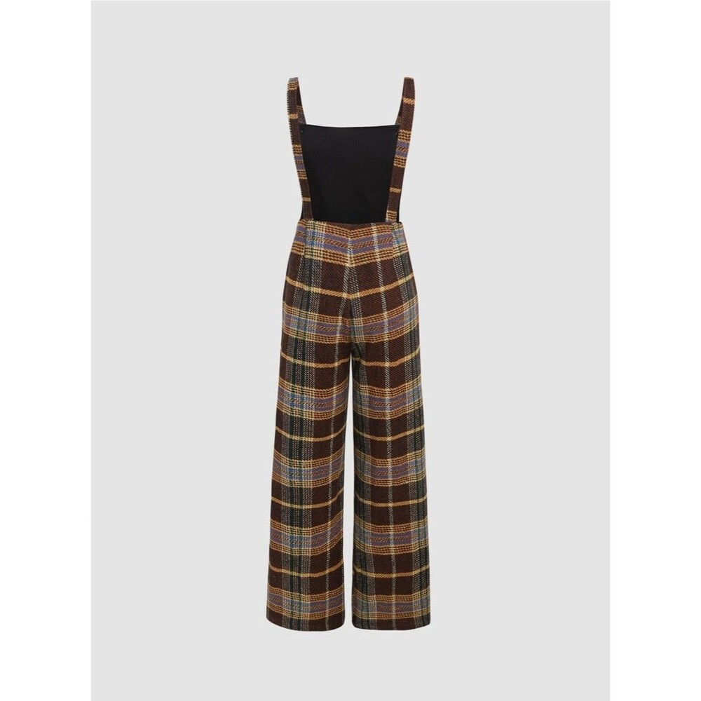 CIDER Brown Tweed Plaid Wide-Leg Bib Jumpsuit Overalls Romper XL Clueless Pocket - Picture 5 of 16